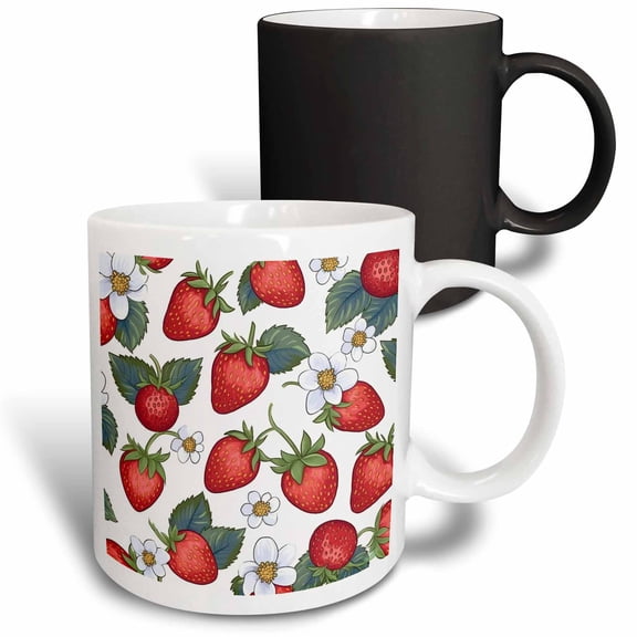3drose, Cute Strawberries and White Flowers Background, 11oz Magic Transforming Mug