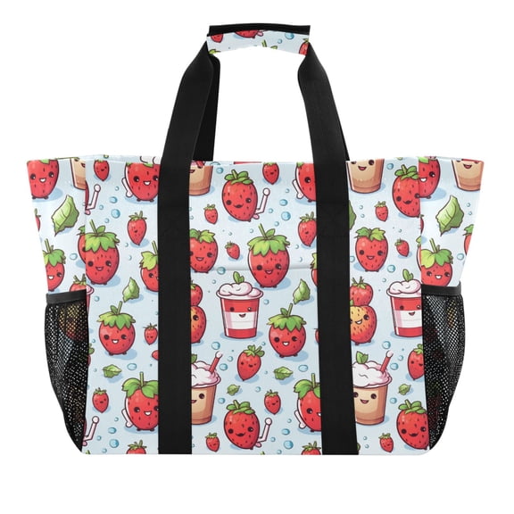 Cute Strawberries Face Reusable Grocery Bags with Handle Side Pocket Waterproof Shopping Portable Tote