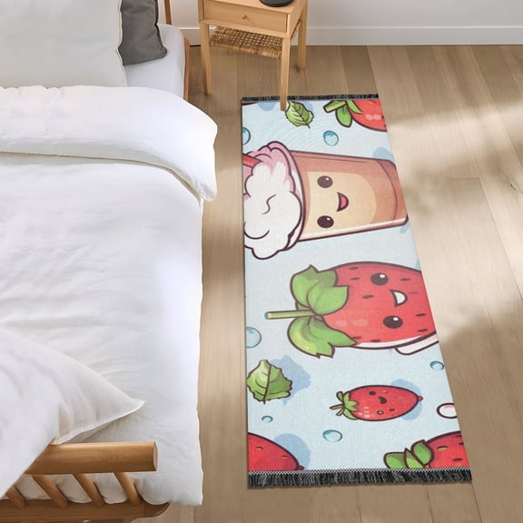 Cute Strawberries Face Runner Area Rug 2x6 Soft Non-Slip Washable Bedside Carpet for Hallway Bedroom Living Room Home Decor