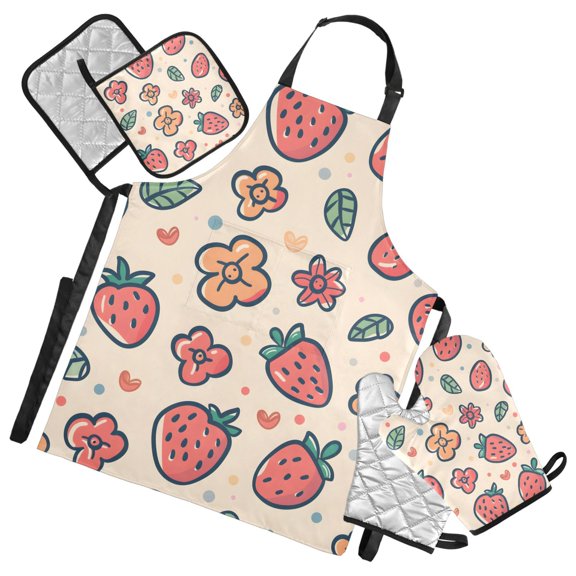 Cute Strawberries Flowers Leaf 5 Pcs Kitchen Set Heat Resistant Oven Mitts and Non-Slip Pot Holders with Adjustable Cooking Apron