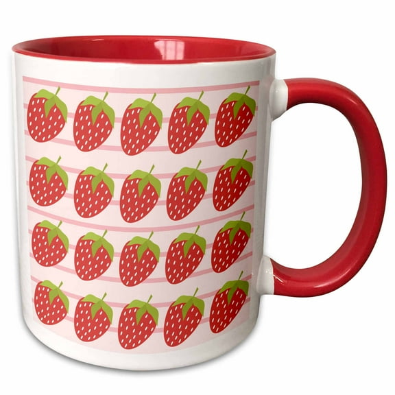 3drose, Cute Strawberries on Stripes Background, 11oz Two-tone Red Mug