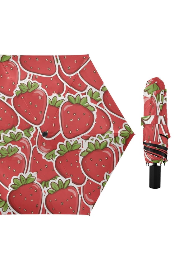 Cute Strawberries Pile Up All Weather Umbrella Triple Folding Parasol 6 Ribs UV Protection Portable