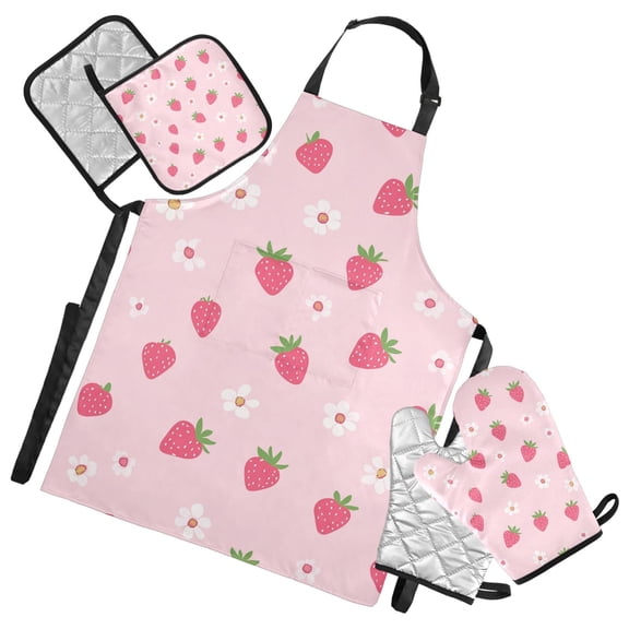 Cute Strawberries Small Daisies Apron Set with Oven Mitts Pot Holders Set of 5 Kitchen Stuff Accessories
