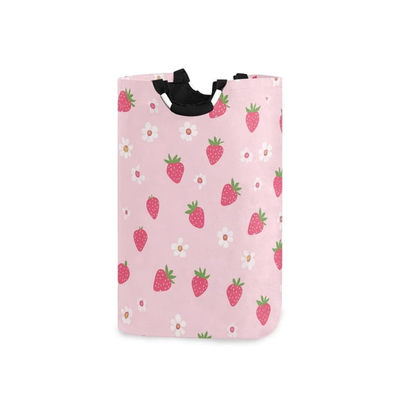 Cute Strawberries Small Daisies Laundry Basket with Handles Foldable Laundry Hamper Freestanding Washing Bin 50L
