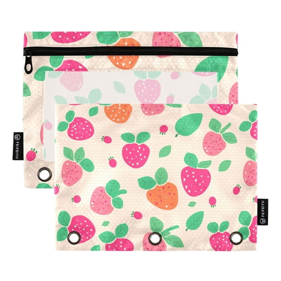 Cute Strawberry 2 Pack Pencil Pouch for 3 Ring Binder Smooth Zipper Folders with Pockets Clear Window Pencil Case
