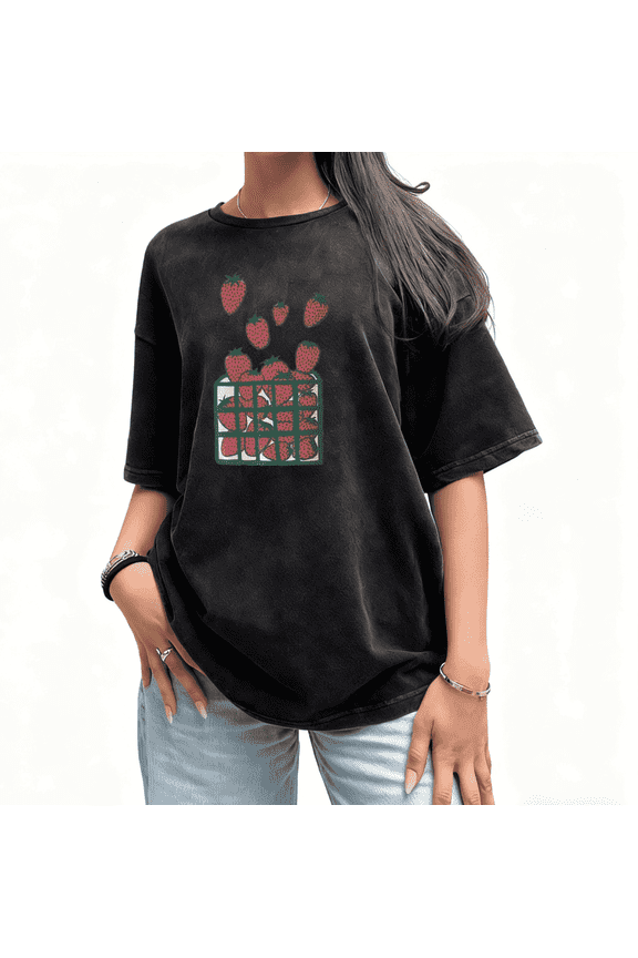 Cute Strawberry Basket Graphic Lightweight Tee T-Shirt Print Top Short Sleeve Round Neck Black S-2XL Plus Size