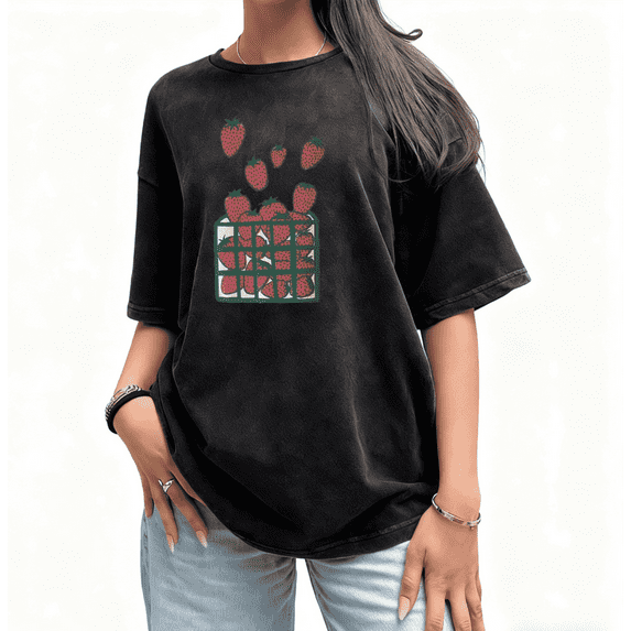 Cute Strawberry Basket Graphic Tee T-Shirt Print Top softness Short Sleeve Round Neck Black S-2XL Plus Size