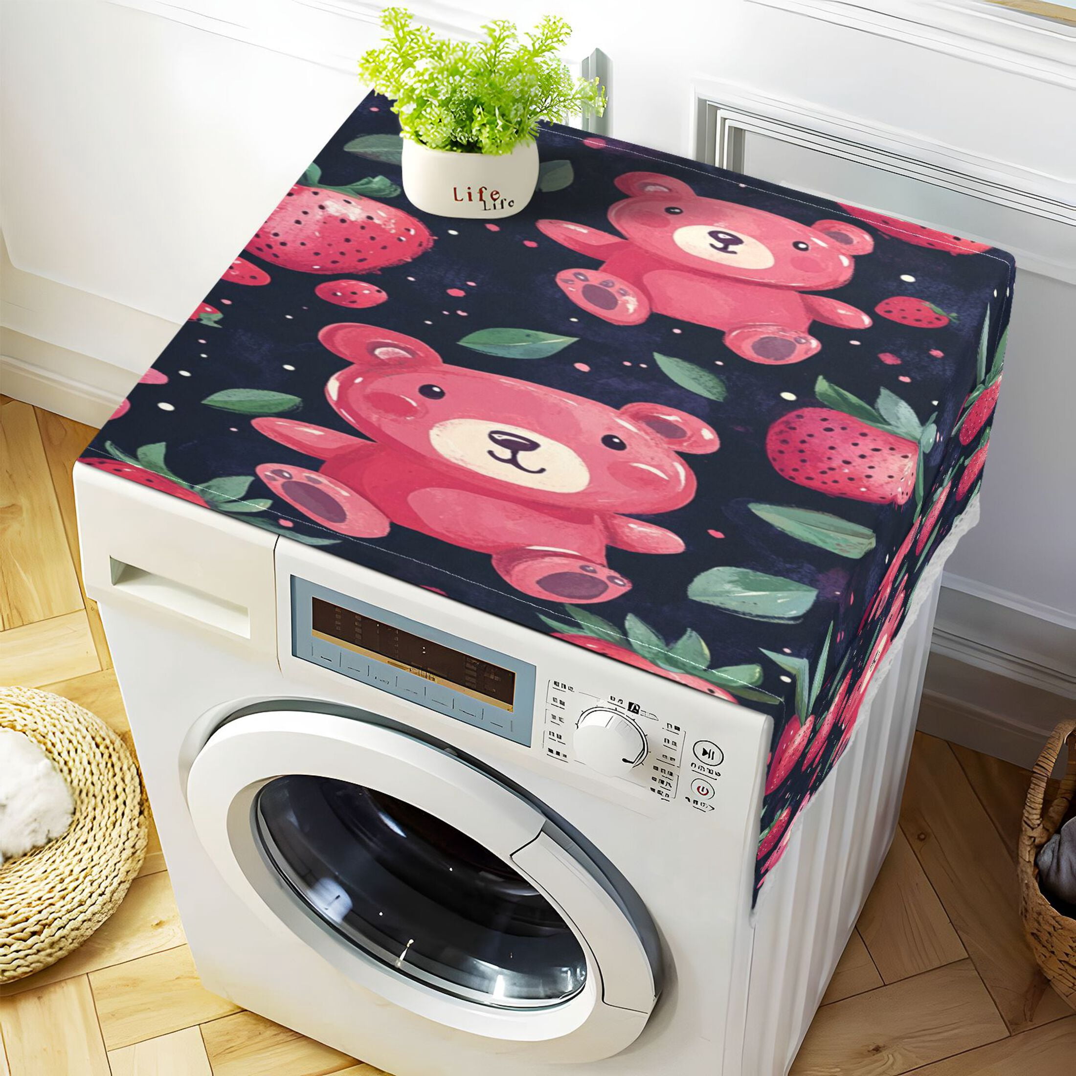 Cute Strawberry BearWasher and Dryer Covers Dust-Proof and Oil Resistant Fridge Cover with 4 Storage Pockets Washing Machine Top Cover for Laundry Kitchen Home 51.2 x 22 In