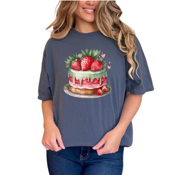 Cute Strawberry Cake Graphic Tee, Strawberry Dessert TShirt, Sweet Treat Illustration Shirt, Cake Lover Gift, Bakery Themed T-Shirt, Denim Comfort Colors T-Shirt, Small