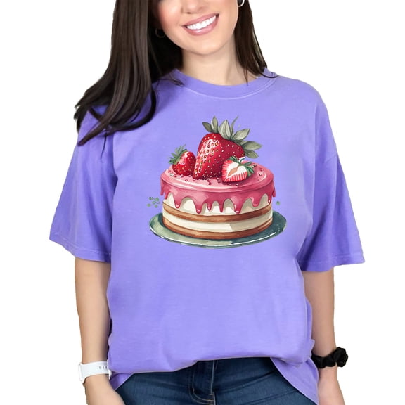 Cute Strawberry Cake Watercolor Art T-Shirt, Delicious Dessert Graphic Tee, Sweet Bakery Lover Shirt, Foodie Gift, Summer Fashion, Violet Comfort Colors T-Shirt, Large
