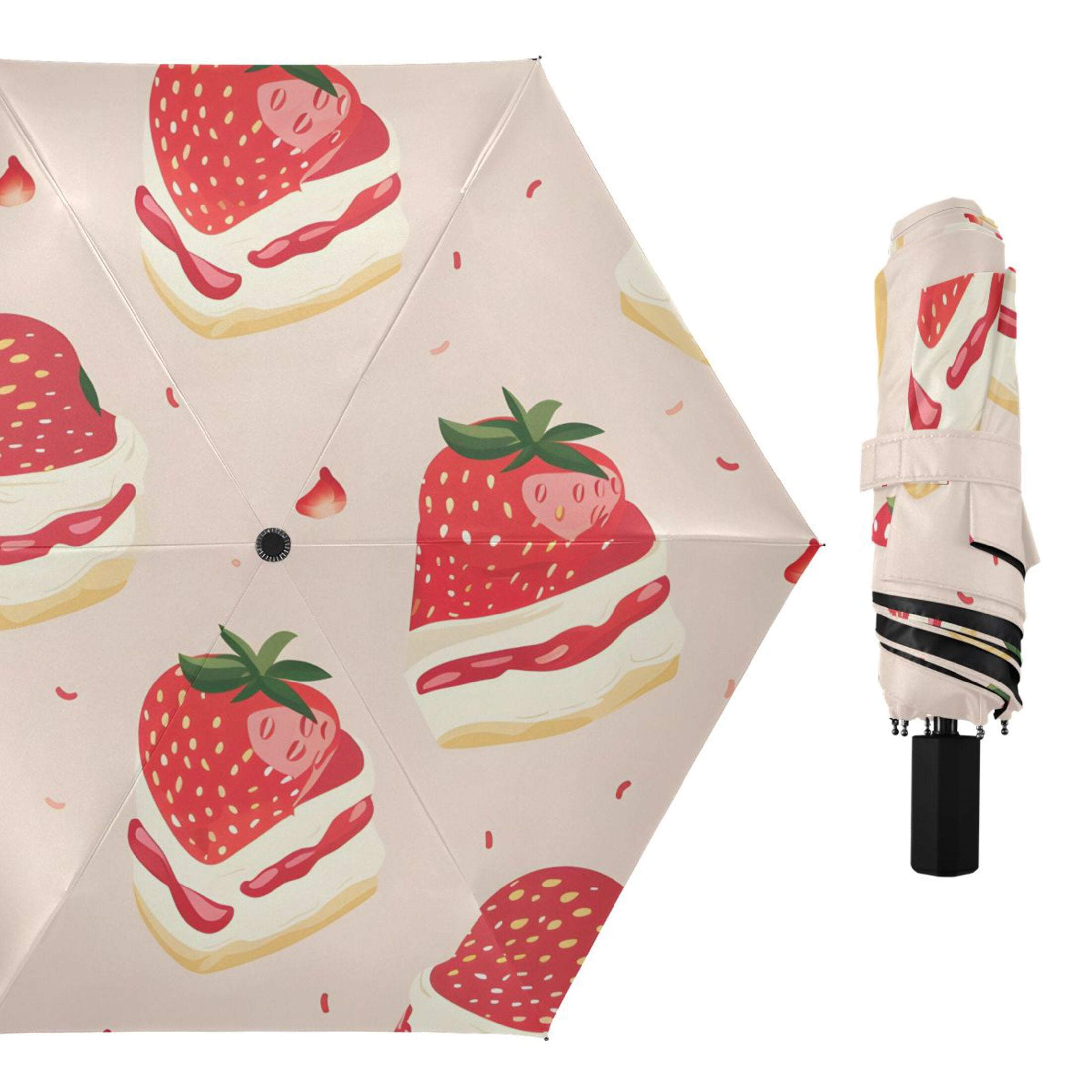 Cute Strawberry Cakes Cartoon All Weather Umbrella Triple Folding Parasol 6 Ribs UV Protection Portable