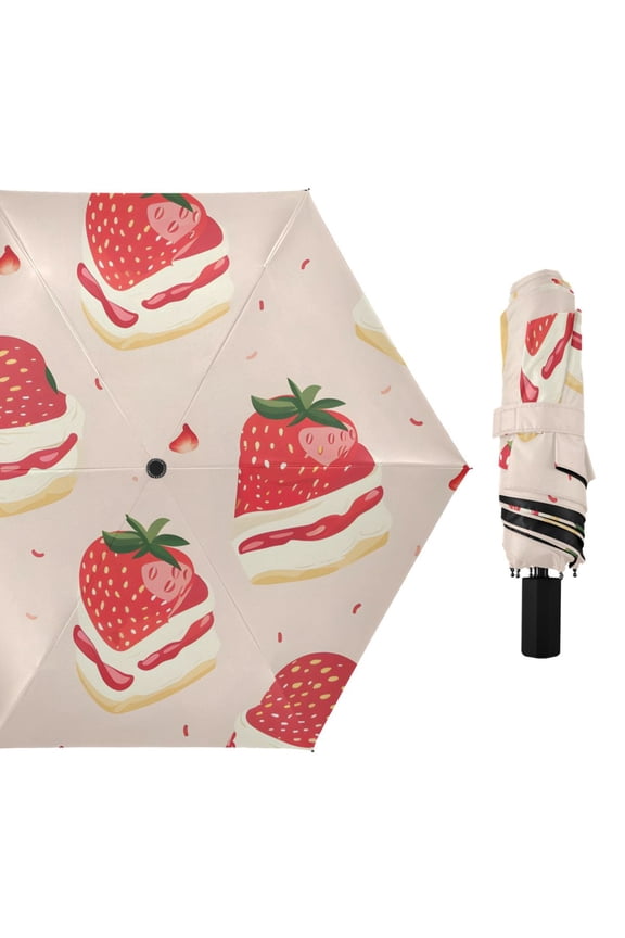 Cute Strawberry Cakes Cartoon All Weather Umbrella Triple Folding Parasol 6 Ribs UV Protection Portable