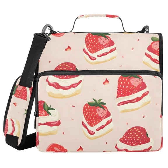 Cute Strawberry Cakes Cartoon Binder Bag with Shoulder Strap 3 Ring Zipper Binder File Folder Document Storage