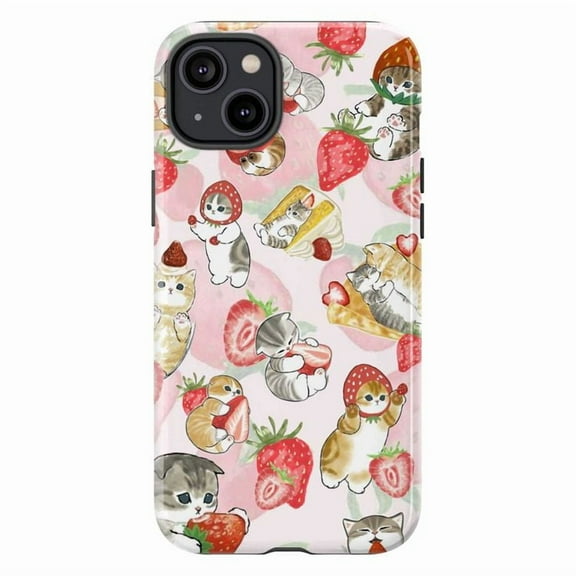 Cute Strawberry & Cat Phone Case, Kawaii Pink iPhone Cover with Sweet Dessert & Kitty Design, Protective Case for iPhone 16 15 14 13 12 11 Pro Max Mini