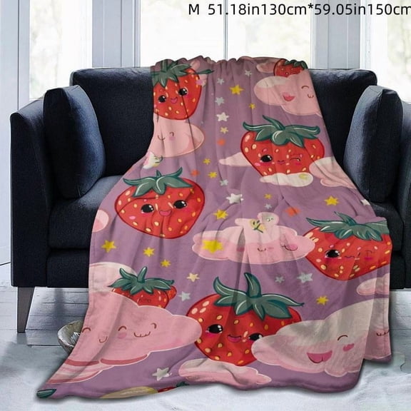 Cute Strawberry Cloud Fleece Blanket, Warm and Cozy Sofa Throw, Perfect for Home Use and Air Conditioner Covers, Unisex Design