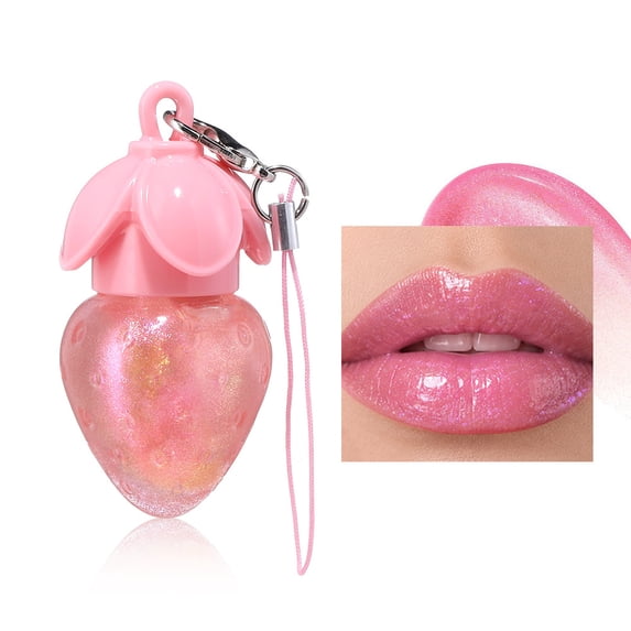 Cute Strawberry Color Shift Shimmer Lip Gloss by Julystar, pH Reactive Natural Pink Tint Hydrating Non-Sticky Plumping Lip Gloss with Detachable Keychain
