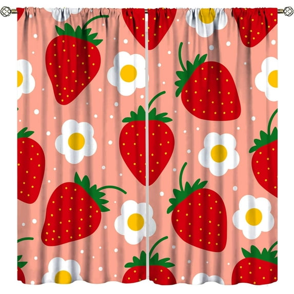 Cute Strawberry Curtains, Flower Wild Berry White Dot Fruit Strawberry Pattern Print, Kids Girls Bedroom Living Room Decorative Curtains, 2 Panel Set,42X54 Inch