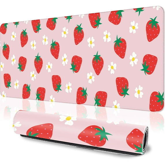 Cute Strawberry Extended Gaming Mouse Pad XL Kawaii Pink Large Mouse Pad 31.5x11.8in 3mm Non-Slip Rubber Base Pink Mousepad Stitched Edges Keyboard Mouse Mat Desk Pad for Women Office Gaming Decor