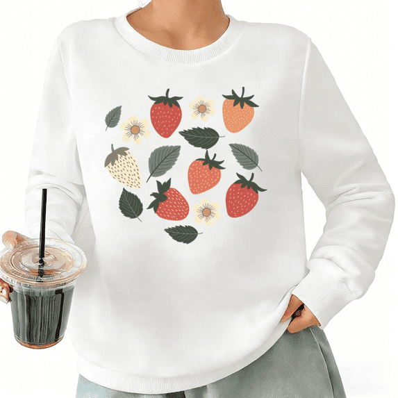 Cute Strawberry Floral Womans Print Sweatshirt Graphic Sweatshirt Black White S-3XL Cozy Pullover Tops