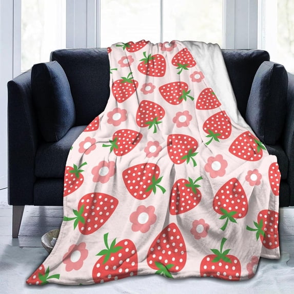 Cute Strawberry Flower Pink Blanket, Soft Blankets Flannel Bed Throw Cozy Lightweight Plush Gifts for Women Girls Kids Sofa Couch Bedroom Living Rooms Warm All Season, Home Decor, 60"x50"