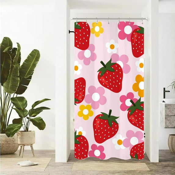 Cute Strawberry Fruit Shower Curtain - 36Wx72L Inch Y2K Groovy Pink & Red Half Stall Girls Bathroom Decor with Plastic Hooks