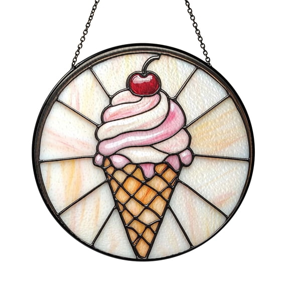Cute Strawberry Ice Cream Stained Glass Style Suncatcher Window Hanging, Dessert Themed Sun Catcher Ornament for Kitchen Window Decor, Colorful Sweet Treat Decorative Art