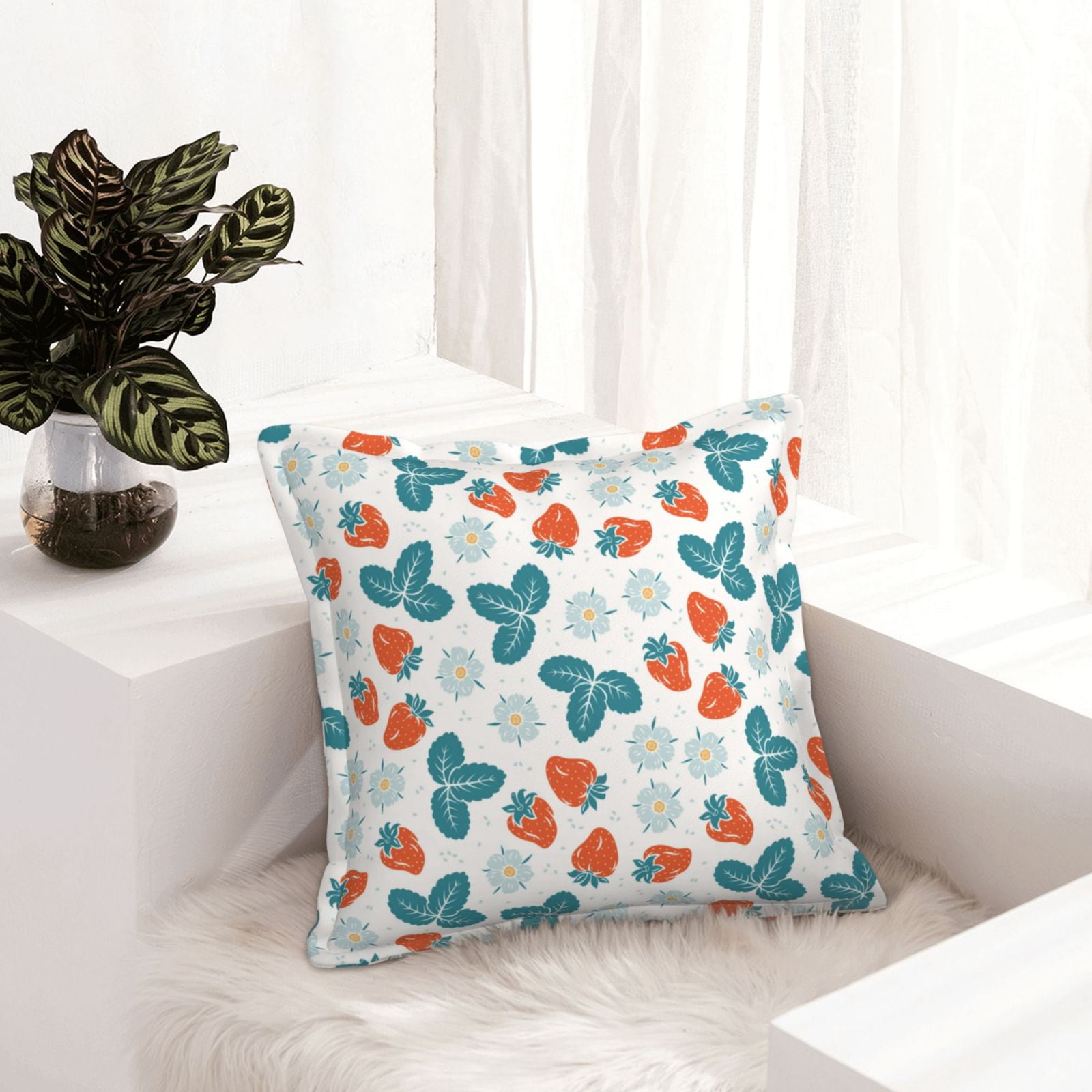 Cute Strawberry Light Blue Flower Leather Throw Pillow Covers, Pillow