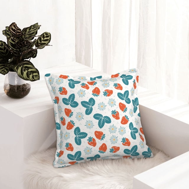 Cute Strawberry Light Blue Flower Leather Throw Pillow Covers, Pillow