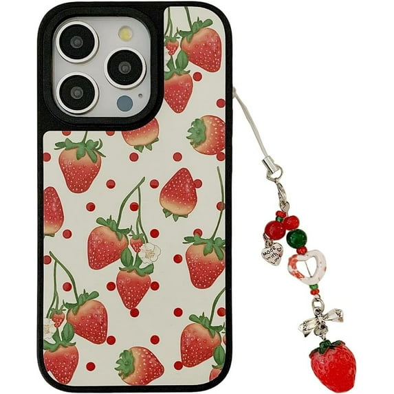 Cute Strawberry Matte Phone Case with Charm for iPhone 14 Pro Max,Trendy Stylish Red Polka Dots Fruit Print Glossy Protective Girls Women Gift Cover+Chain(i14promax 6.7")