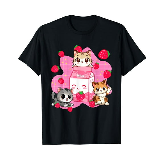 Cute Strawberry Milk Japanese Kawaii Cat Anime Kitten T-Shirt