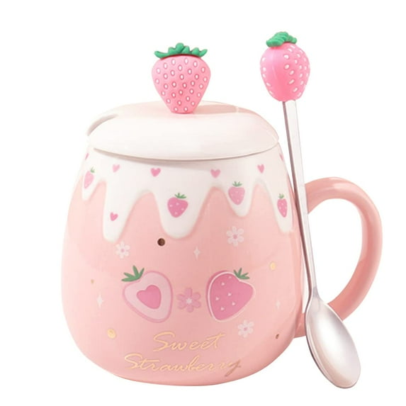 Cute Strawberry Mugs Pink Coffee Mug Ceramic kawaii Cup Morning Tea Milk Fruit Mug with Lovely Lid Stainless Steel Spoon Creative Novelty Birthday Christmas for Lovers Girl 500ML (S)