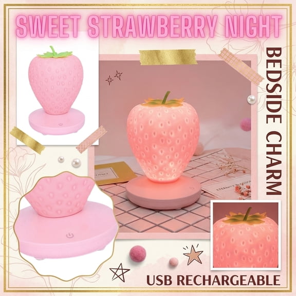 Cute Strawberry Night Light, USB Rechargeable LED Dimmable Silicone Bedside Lamp Girls BedroomDecor, Portable Kawaii Tabletop Reading Light, Unique Gift Idea E