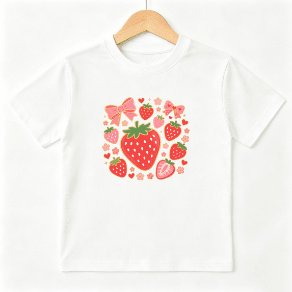 Cute Strawberry Patch Girls Graphic Tee, Kawaii Berry Bow Summer 100% Cotton Kids Short Sleeve T-Shirt
