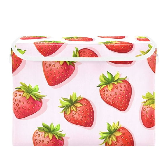 Cute Strawberry Pattern Large Storage Bins with Linen Collapsible Lid Storage Box 16.7 x 12.6 x 11.8in