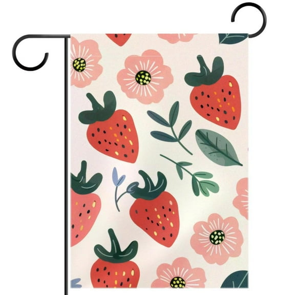 Cute Strawberry Pattern Pink Fruit Flower Plant Decorative Garden Flag for All Seasons, 12 x 18 Inch Small Vertical Double Sided Outside Decoration for Yard Farmhouse