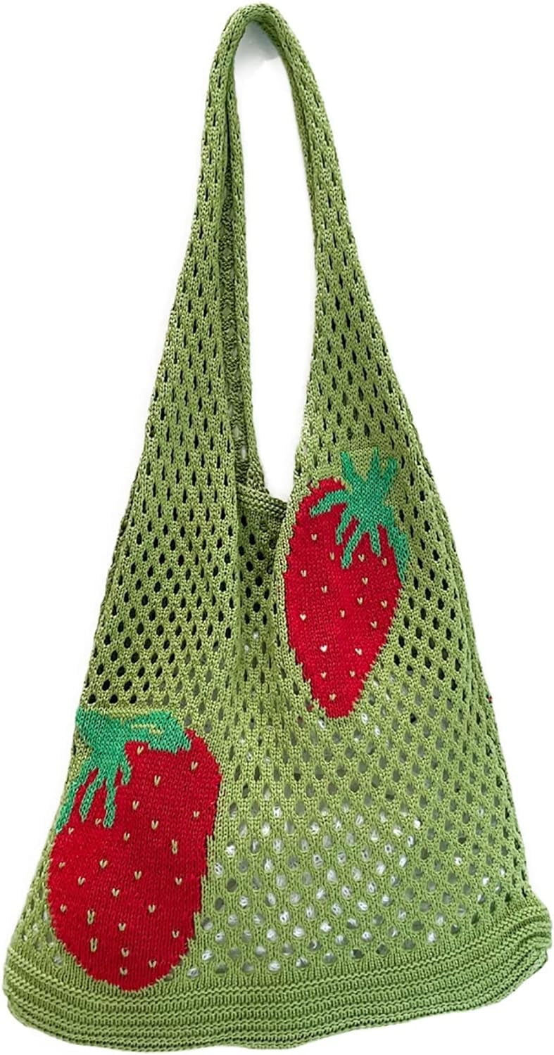 【Sinoon】★ 韓国人気 ★ Handmade Knit Tote Bag ★ 2 COLOR Cute Strawberry Pattern Tote Bag Crochet Tote Bag Shoulder