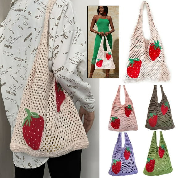 Cute Strawberry Pattern Tote Bag Crochet Tote Bag Shoulder Bag Handbags Knitting Bag Aesthetic Handmade Weaving