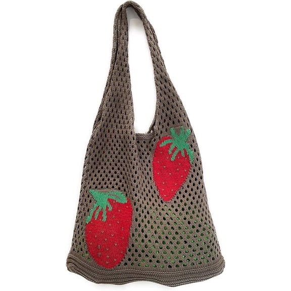 Cute Strawberry Pattern Tote Bag Crochet Tote Bag Shoulder Bag Handbags Knitting Bag Aesthetic Handmade Weaving