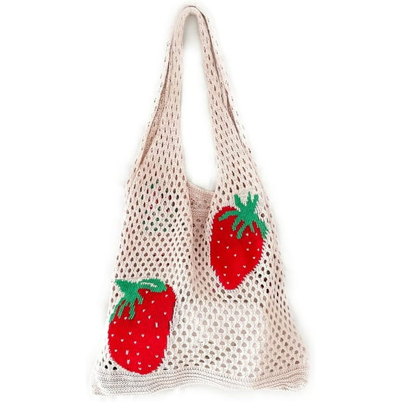 Cute Strawberry Pattern Tote Bag Crochet Tote Bag Shoulder Bag Handbags Knitting Bag Aesthetic Handmade Weaving