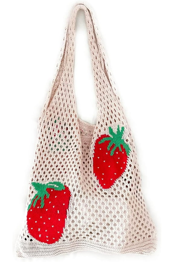 Cute Strawberry Pattern Tote Bag Crochet Tote Bag Shoulder Bag Handbags Knitting Bag Aesthetic Handmade Weaving