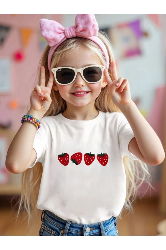 Cute Strawberry Patterned Iron-On Graphic Tees With 100% Cotton Fabric,Suitable for Boys And Girls,Size From 3T-13Y,Ideal Gift for Daughter and Grand daughter