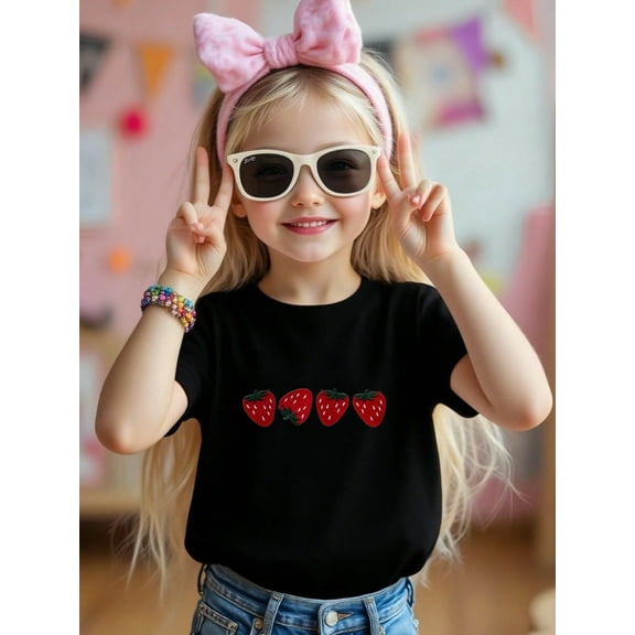 Cute Strawberry Patterned Iron-On Graphic Tees With 100% Cotton Fabric,Suitable for Boys And Girls,Size From 3T-13Y,Ideal Gift for Daughter and Grand daughter