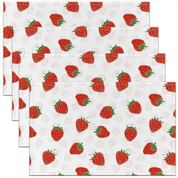 Cute Strawberry Placemats Set of 4, Kawaii Tropical Fruit Table Place Mats, Reversible Cute Decorative Table Place Mats, 18"x12"