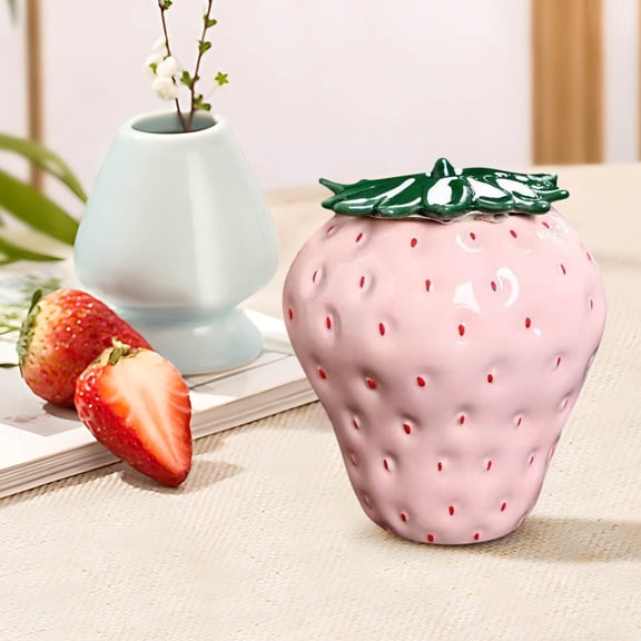 Cute Strawberry Shaped Ceramic Storage Jar Sealed Lid Food Container for Tea Spice Candy Snack Grains Also Works as Flower Vase Home Desktop Vanity Shelf Decor Festival Holiday Birthday Gift