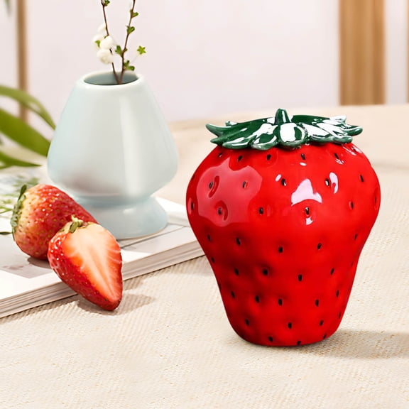 Cute Strawberry Shaped Ceramic Storage Jar Sealed Lid Food Container for Tea Spice Candy Snack Grains Also Works as Flower Vase Home Desktop Vanity Shelf Decor Festival Holiday Birthday Gift