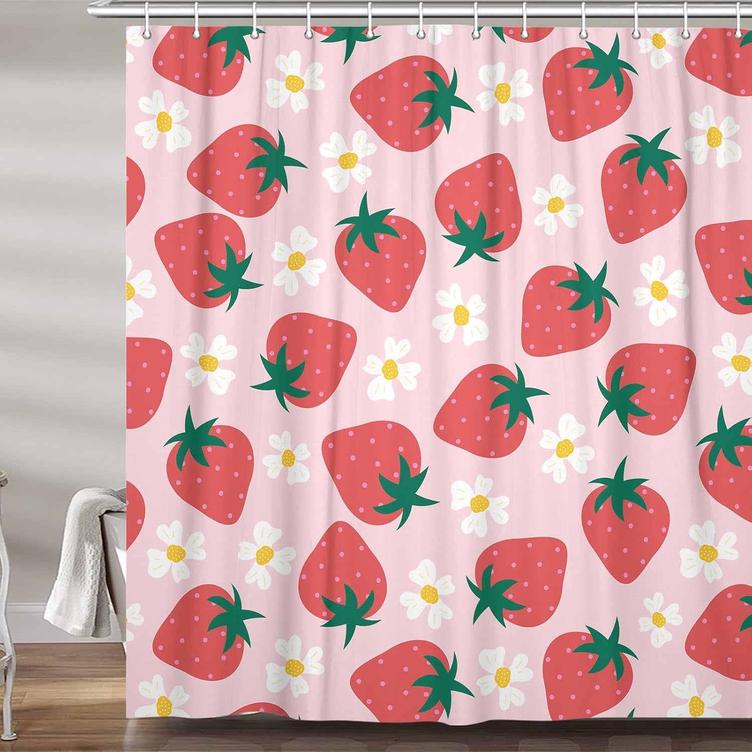 Cute Strawberry Shower Curtain for Kids Girls Bathroom, Kawaii Girly