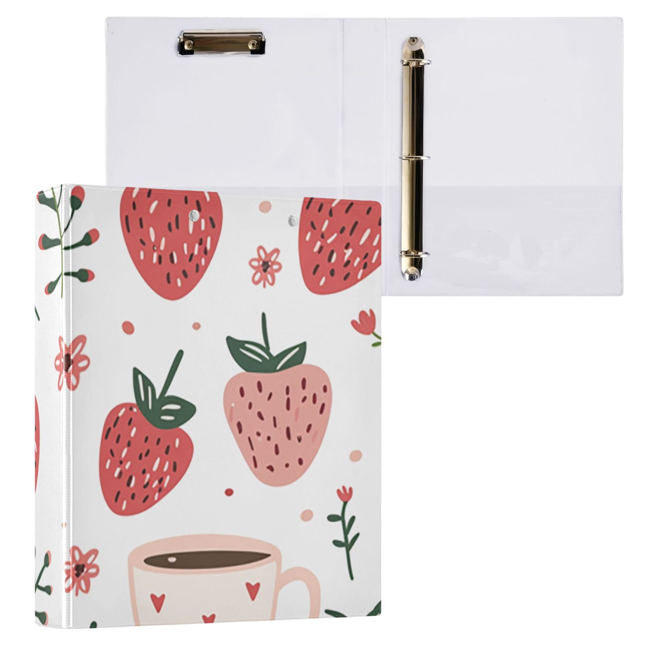 Cute Strawberry Tea 3 Ring Binders 1.5 inch Hardcover File Folders with Interior Pockets A4 Size Organizer for School Office Hospital