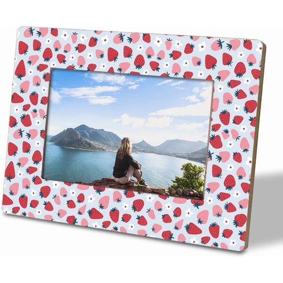 Cute Strawberry and Floral Photo Frame, Rustic Wooden Picture Frame Fits 4x6 Inch Photo, Strawberry Lover Picture Gift, Display on Table Top Desk