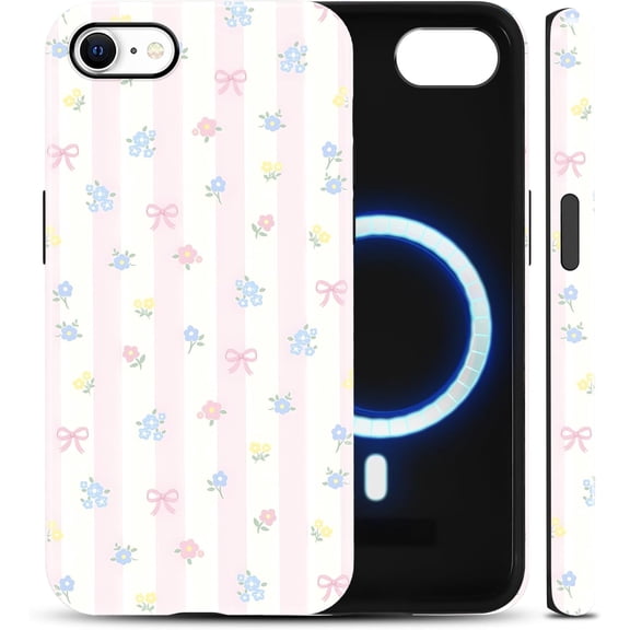 Cute Striped Bow Flower Phone Case for iPhone 8 iPhone 7 iPhone SE 2022/2020 4, 7", Compatible with Magsafe, Aesthetic Pink White Stripes Pattern Cover Shockproof TPU Hard PC Protection Girls Women