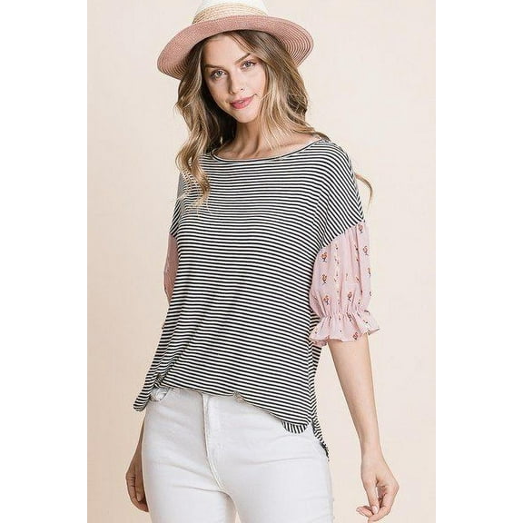 Cute Striped Curved Hem Casual Top